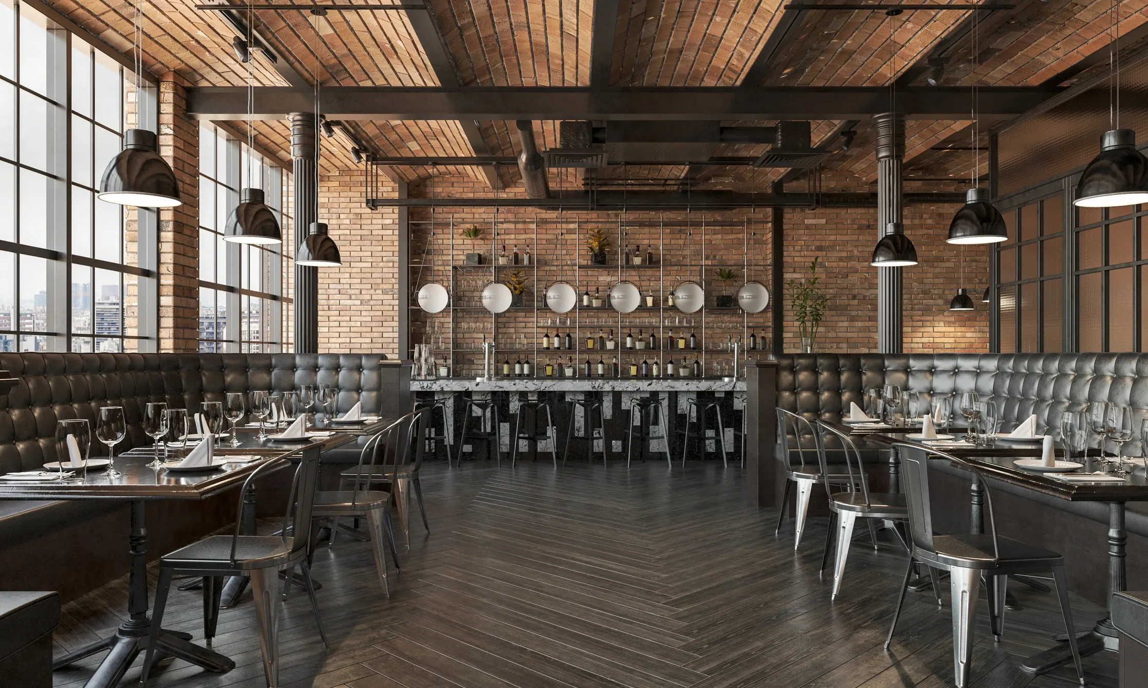 Stylish tables and chairs in a modern restaurant or hotel lobby.